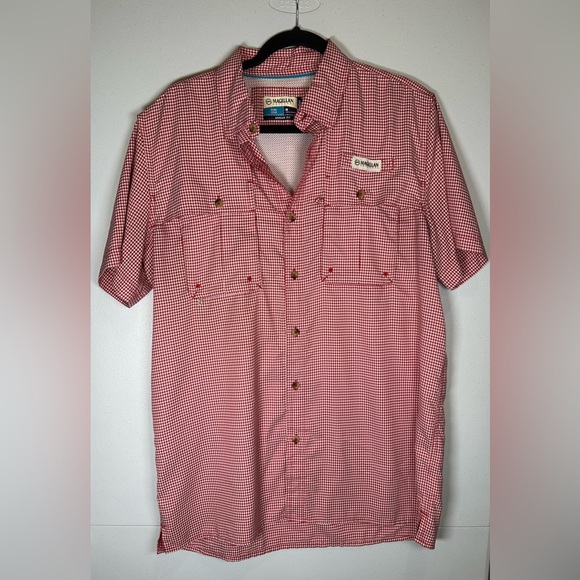 Magellan Outdoors Men's Red Gingham Fisherman Gear, Angler Fit Short Sleeve. - Picture 1 of 7